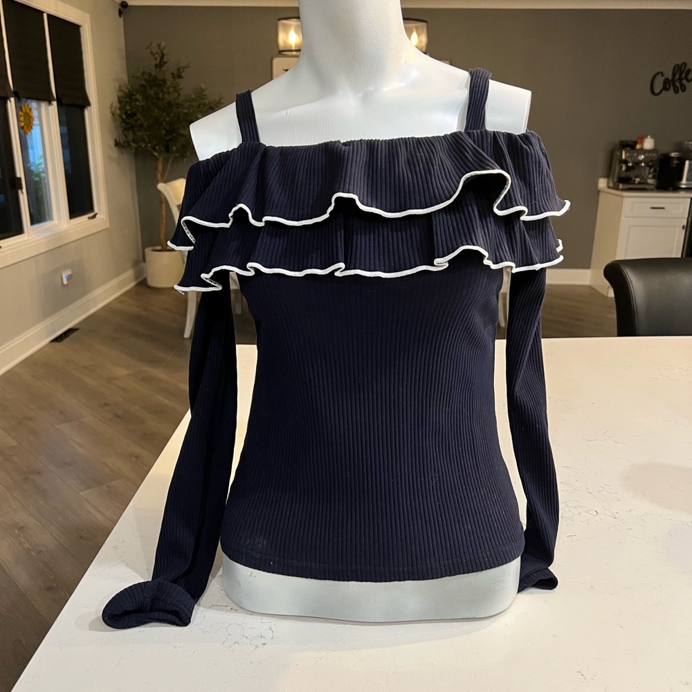 Dark blue strappy off the shoulder long sleeve shirt size Med